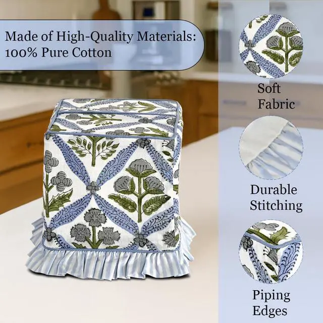 Alt view image 4 of 7 - Light Steel Blue Block Print Ruffle Tissue Box Cover Handmade Cotton Decorative Square Napkin Holder for Home Bedroom Living Room Bathroom Vanity Countertop Car Office Kitchen