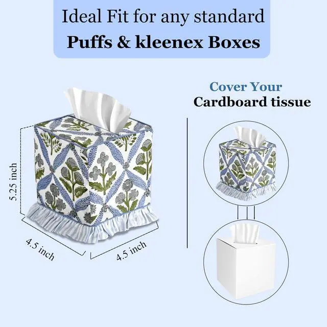 Alt view image 3 of 7 - Light Steel Blue Block Print Ruffle Tissue Box Cover Handmade Cotton Decorative Square Napkin Holder for Home Bedroom Living Room Bathroom Vanity Countertop Car Office Kitchen
