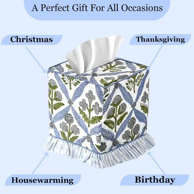Alt view image 7 of 7 - Light Steel Blue Block Print Ruffle Tissue Box Cover Handmade Cotton Decorative Square Napkin Holder for Home Bedroom Living Room Bathroom Vanity Countertop Car Office Kitchen