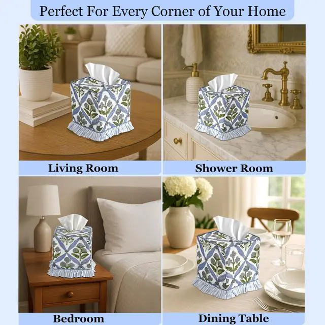 Alt view image 5 of 7 - Light Steel Blue Block Print Ruffle Tissue Box Cover Handmade Cotton Decorative Square Napkin Holder for Home Bedroom Living Room Bathroom Vanity Countertop Car Office Kitchen