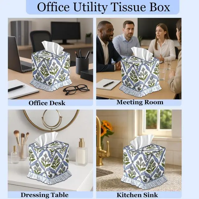 Alt view image 6 of 7 - Light Steel Blue Block Print Ruffle Tissue Box Cover Handmade Cotton Decorative Square Napkin Holder for Home Bedroom Living Room Bathroom Vanity Countertop Car Office Kitchen