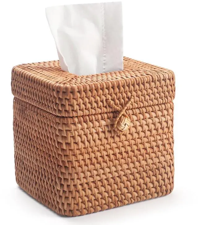 Main image of Rattan Tissue Box Cover Natural Woven Facial Napkin Holder Square with Lid 5.7 x 5.7 x 5.5 Inch (Natural)