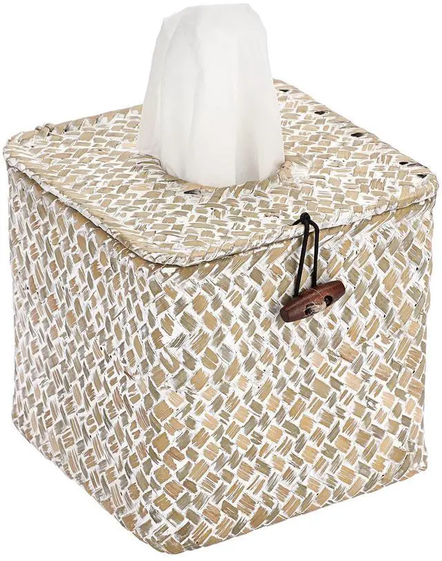 Main image of Tissue Box Cover Square Seagrass Tissue Box with Lid, Woven Tissue Box Holder Rustic Cube Tissue Cover for Bathroom Toilet Bedroom Living Room Kitchen Table Desk Office Car, Whitewash