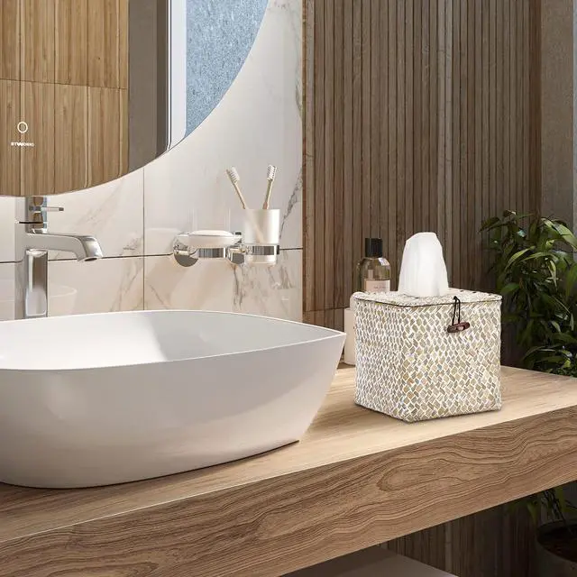 Alt view image 2 of 7 - Tissue Box Cover Square Seagrass Tissue Box with Lid, Woven Tissue Box Holder Rustic Cube Tissue Cover for Bathroom Toilet Bedroom Living Room Kitchen Table Desk Office Car, Whitewash