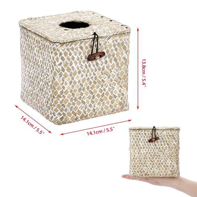 Alt view image 4 of 7 - Tissue Box Cover Square Seagrass Tissue Box with Lid, Woven Tissue Box Holder Rustic Cube Tissue Cover for Bathroom Toilet Bedroom Living Room Kitchen Table Desk Office Car, Whitewash