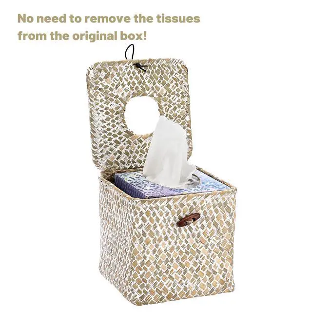 Alt view image 6 of 7 - Tissue Box Cover Square Seagrass Tissue Box with Lid, Woven Tissue Box Holder Rustic Cube Tissue Cover for Bathroom Toilet Bedroom Living Room Kitchen Table Desk Office Car, Whitewash