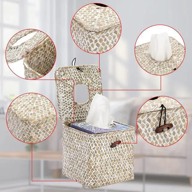 Alt view image 5 of 7 - Tissue Box Cover Square Seagrass Tissue Box with Lid, Woven Tissue Box Holder Rustic Cube Tissue Cover for Bathroom Toilet Bedroom Living Room Kitchen Table Desk Office Car, Whitewash