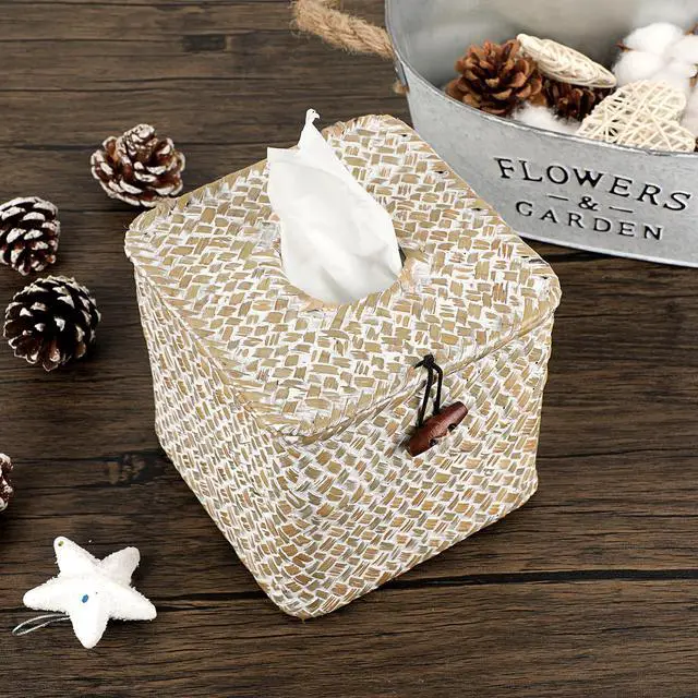 Alt view image 7 of 7 - Tissue Box Cover Square Seagrass Tissue Box with Lid, Woven Tissue Box Holder Rustic Cube Tissue Cover for Bathroom Toilet Bedroom Living Room Kitchen Table Desk Office Car, Whitewash
