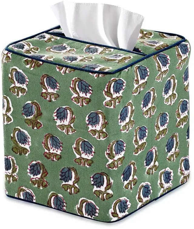 Main image of Basil Green Block Print Tissue Box Cover Handmade Cotton Fabric Decorative Square Napkin Holder for Home Bedroom Living Room Bathroom Vanity Countertop Car Night Stands Office Kitchen