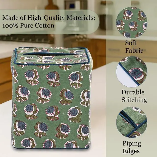 Alt view image 2 of 7 - Basil Green Block Print Tissue Box Cover Handmade Cotton Fabric Decorative Square Napkin Holder for Home Bedroom Living Room Bathroom Vanity Countertop Car Night Stands Office Kitchen