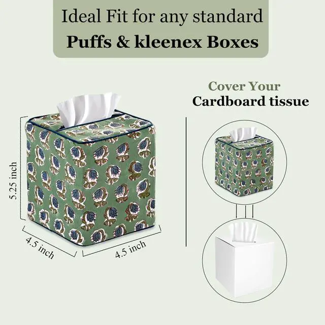 Alt view image 3 of 7 - Basil Green Block Print Tissue Box Cover Handmade Cotton Fabric Decorative Square Napkin Holder for Home Bedroom Living Room Bathroom Vanity Countertop Car Night Stands Office Kitchen