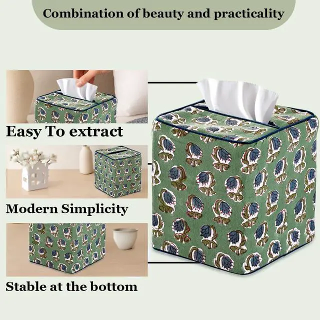 Alt view image 7 of 7 - Basil Green Block Print Tissue Box Cover Handmade Cotton Fabric Decorative Square Napkin Holder for Home Bedroom Living Room Bathroom Vanity Countertop Car Night Stands Office Kitchen