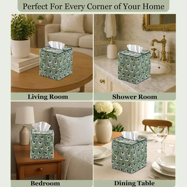Alt view image 5 of 7 - Basil Green Block Print Tissue Box Cover Handmade Cotton Fabric Decorative Square Napkin Holder for Home Bedroom Living Room Bathroom Vanity Countertop Car Night Stands Office Kitchen