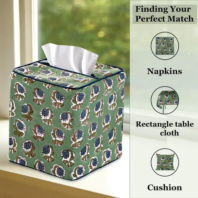 Alt view image 6 of 7 - Basil Green Block Print Tissue Box Cover Handmade Cotton Fabric Decorative Square Napkin Holder for Home Bedroom Living Room Bathroom Vanity Countertop Car Night Stands Office Kitchen