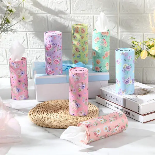 Alt view image 4 of 6 - 12 Pcs Spring Floral Car Tissues Cylinder Holder Flowers Round Tissue Box Cup Holder 3 Ply Facial Napkins Napkins Container for Car Home Office Dispenser Travel