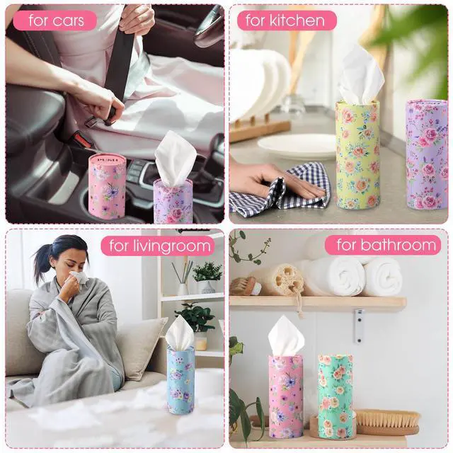 Alt view image 5 of 6 - 12 Pcs Spring Floral Car Tissues Cylinder Holder Flowers Round Tissue Box Cup Holder 3 Ply Facial Napkins Napkins Container for Car Home Office Dispenser Travel
