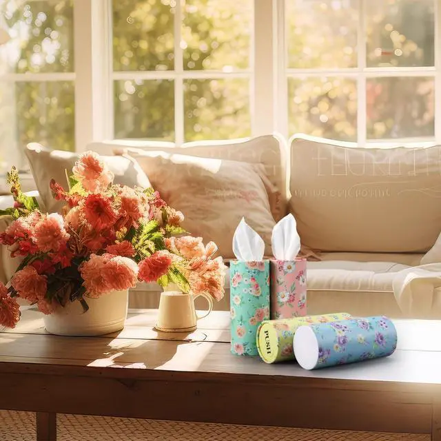 Alt view image 6 of 6 - 12 Pcs Spring Floral Car Tissues Cylinder Holder Flowers Round Tissue Box Cup Holder 3 Ply Facial Napkins Napkins Container for Car Home Office Dispenser Travel
