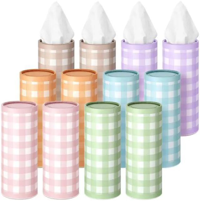 Main image of 12 Pack Spring Tissue Boxes for Car Cylinder Bulk Colorful Plaid Round Cylinder Holder with 3 Ply Facial Tissues for Spring Easter Travel Bathroom Office Decoration Supplies