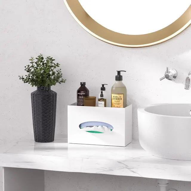 Alt view image 7 of 7 - White Acrylic Tissue Box Cover Rectangular,Acrylic Tissue Dispenser with Storage Tray for Bathroom Kitchen Home Office(White, 9.85x4.5x6.3)