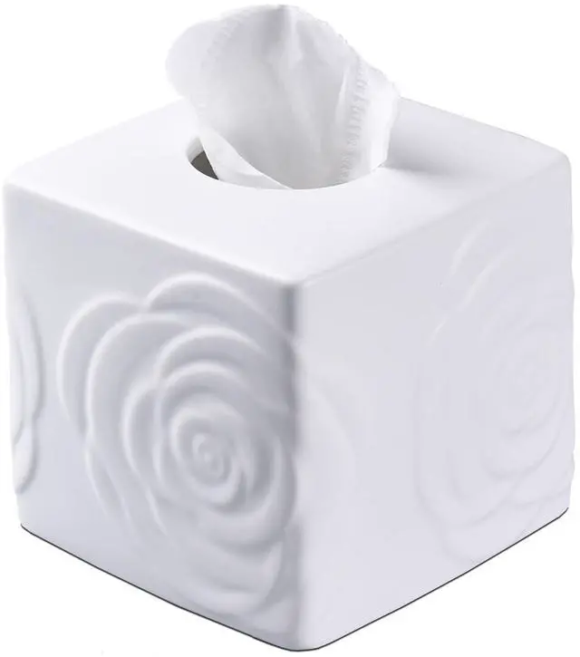 Main image of White Ceramic Rose Tissue Box Cover, Carved Flowers Large Square Tissue Box Holder Decorative for Bathroom, Vanity, Kitchen Countertop, Bedroom Night Stands, Office Desk Top