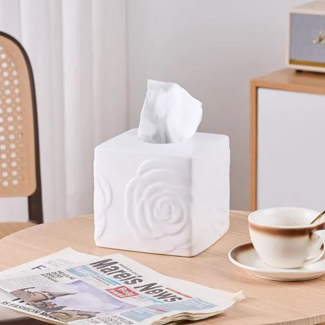 Alt view image 2 of 7 - White Ceramic Rose Tissue Box Cover, Carved Flowers Large Square Tissue Box Holder Decorative for Bathroom, Vanity, Kitchen Countertop, Bedroom Night Stands, Office Desk Top
