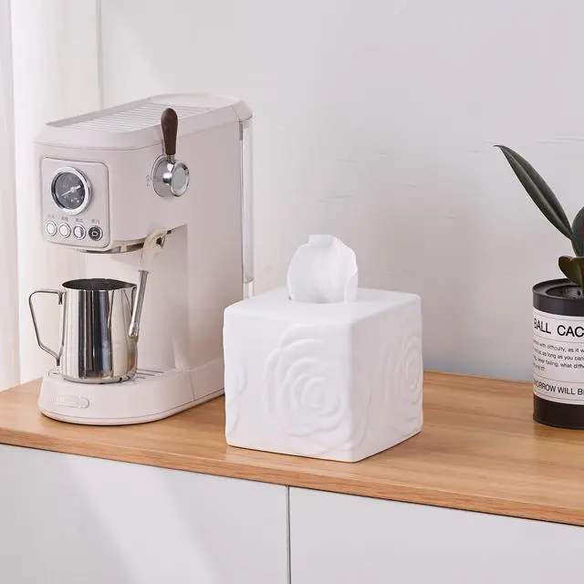 Alt view image 3 of 7 - White Ceramic Rose Tissue Box Cover, Carved Flowers Large Square Tissue Box Holder Decorative for Bathroom, Vanity, Kitchen Countertop, Bedroom Night Stands, Office Desk Top