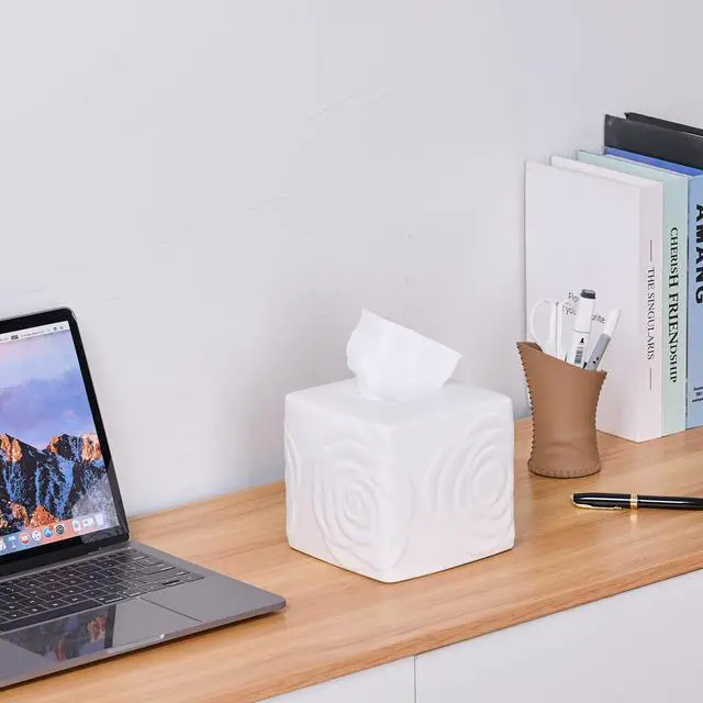 Alt view image 5 of 7 - White Ceramic Rose Tissue Box Cover, Carved Flowers Large Square Tissue Box Holder Decorative for Bathroom, Vanity, Kitchen Countertop, Bedroom Night Stands, Office Desk Top