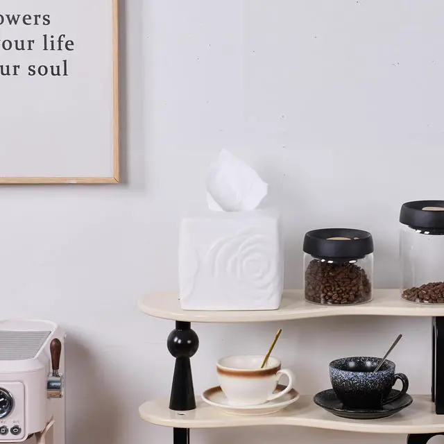 Alt view image 7 of 7 - White Ceramic Rose Tissue Box Cover, Carved Flowers Large Square Tissue Box Holder Decorative for Bathroom, Vanity, Kitchen Countertop, Bedroom Night Stands, Office Desk Top