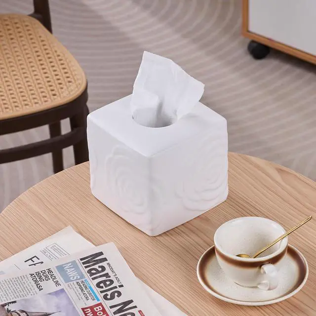 Alt view image 4 of 7 - White Ceramic Rose Tissue Box Cover, Carved Flowers Large Square Tissue Box Holder Decorative for Bathroom, Vanity, Kitchen Countertop, Bedroom Night Stands, Office Desk Top