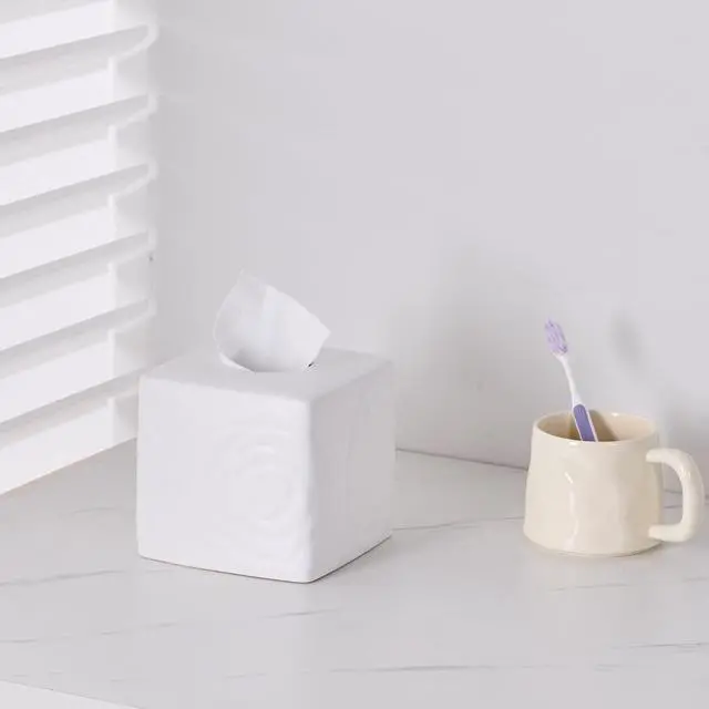 Alt view image 6 of 7 - White Ceramic Rose Tissue Box Cover, Carved Flowers Large Square Tissue Box Holder Decorative for Bathroom, Vanity, Kitchen Countertop, Bedroom Night Stands, Office Desk Top