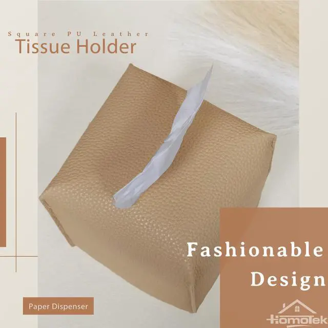 Alt view image 3 of 7 - 2 Pack Tissue Box Cover, Square PU Leather Tissue Holder, Decorative Facial Tissue Cube Paper Organizer Dispenser for Bathroom, Night Stands, Desk, Car 5X5X5'' - Beige, Pebble Grain