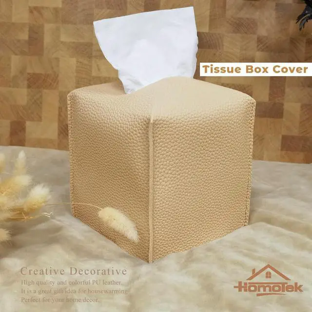 Alt view image 4 of 7 - 2 Pack Tissue Box Cover, Square PU Leather Tissue Holder, Decorative Facial Tissue Cube Paper Organizer Dispenser for Bathroom, Night Stands, Desk, Car 5X5X5'' - Beige, Pebble Grain
