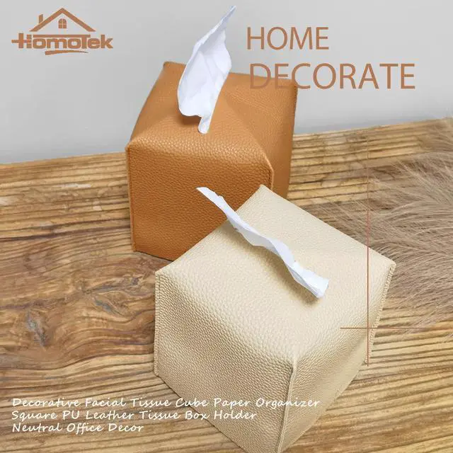 Alt view image 5 of 7 - 2 Pack Tissue Box Cover, Square PU Leather Tissue Holder, Decorative Facial Tissue Cube Paper Organizer Dispenser for Bathroom, Night Stands, Desk, Car 5X5X5'' - Beige, Pebble Grain