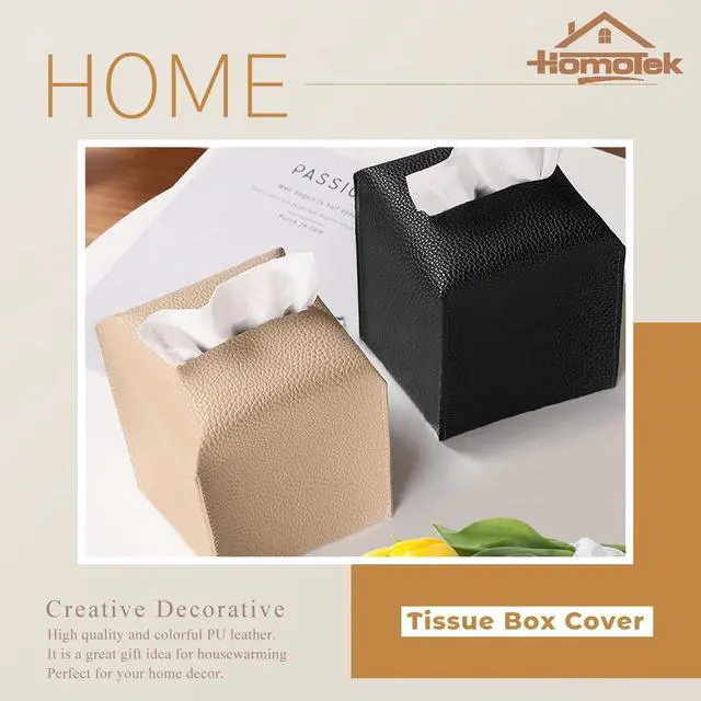 Alt view image 6 of 7 - 2 Pack Tissue Box Cover, Square PU Leather Tissue Holder, Decorative Facial Tissue Cube Paper Organizer Dispenser for Bathroom, Night Stands, Desk, Car 5X5X5'' - Beige, Pebble Grain