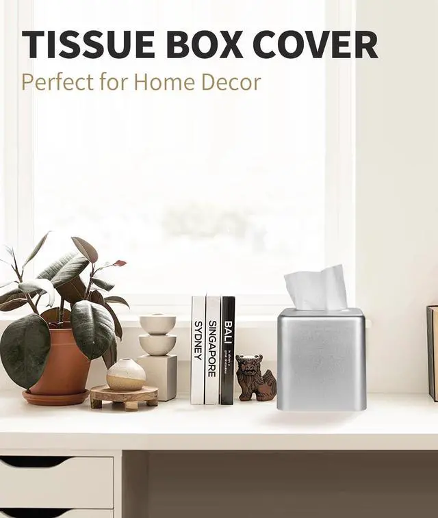 Alt view image 4 of 6 - Tissue Box Cover, Square Metal Tissue Box Holder Modern Decor Facial Napkin Holder Tissue Box Dispenser for Bathroom Vanity Countertop, Living Room, Bedroom, Office - Silver
