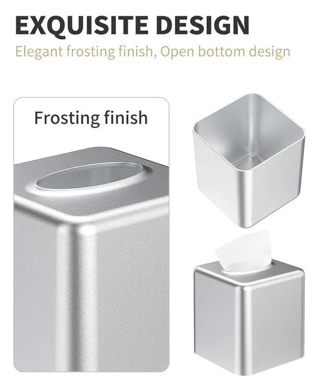 Alt view image 6 of 6 - Tissue Box Cover, Square Metal Tissue Box Holder Modern Decor Facial Napkin Holder Tissue Box Dispenser for Bathroom Vanity Countertop, Living Room, Bedroom, Office - Silver