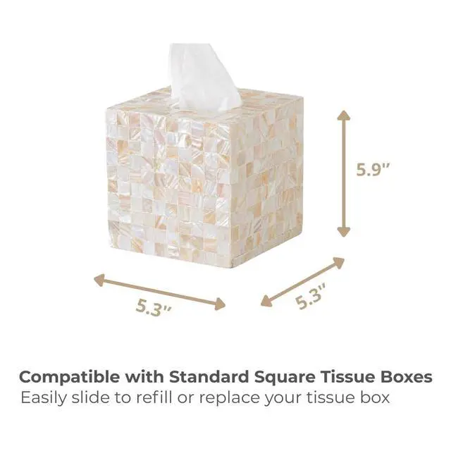 Alt view image 3 of 7 - 5.9 Mother of Pearl Tissue Box Cover for Kleenex and More Handcrafted Square Tissue Holder with Sliding Bottom Decorative Napkin Dispenser for Bathroom, Bedroom, Kitchen, Office