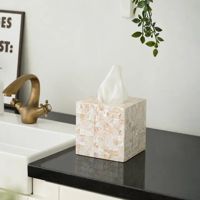 Alt view image 2 of 7 - 5.9 Mother of Pearl Tissue Box Cover for Kleenex and More Handcrafted Square Tissue Holder with Sliding Bottom Decorative Napkin Dispenser for Bathroom, Bedroom, Kitchen, Office