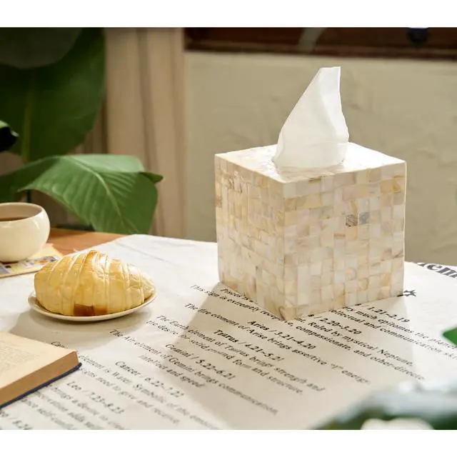 Alt view image 6 of 7 - 5.9 Mother of Pearl Tissue Box Cover for Kleenex and More Handcrafted Square Tissue Holder with Sliding Bottom Decorative Napkin Dispenser for Bathroom, Bedroom, Kitchen, Office