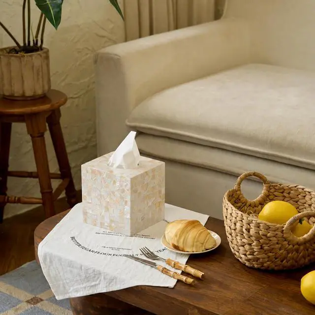 Alt view image 4 of 7 - 5.9 Mother of Pearl Tissue Box Cover for Kleenex and More Handcrafted Square Tissue Holder with Sliding Bottom Decorative Napkin Dispenser for Bathroom, Bedroom, Kitchen, Office