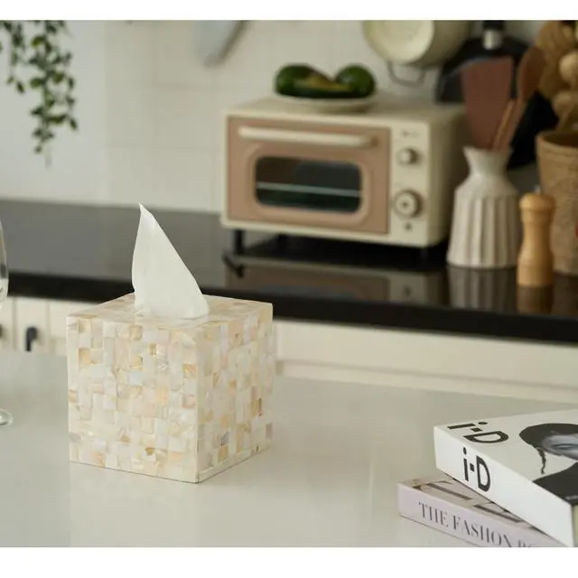 Alt view image 5 of 7 - 5.9 Mother of Pearl Tissue Box Cover for Kleenex and More Handcrafted Square Tissue Holder with Sliding Bottom Decorative Napkin Dispenser for Bathroom, Bedroom, Kitchen, Office