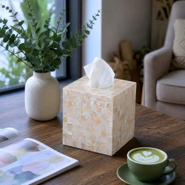 Alt view image 7 of 7 - 5.9 Mother of Pearl Tissue Box Cover for Kleenex and More Handcrafted Square Tissue Holder with Sliding Bottom Decorative Napkin Dispenser for Bathroom, Bedroom, Kitchen, Office