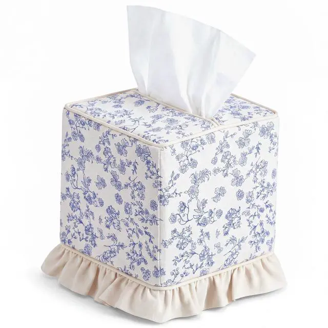 Main image of Blue Cottagecore Ruffle Tissue Box Cover Floral Print Tissue Box Handmade Cotton Square Napkin Holder for Home Bedroom Living Room Bathroom Vanity Countertop Car Office Kitchen