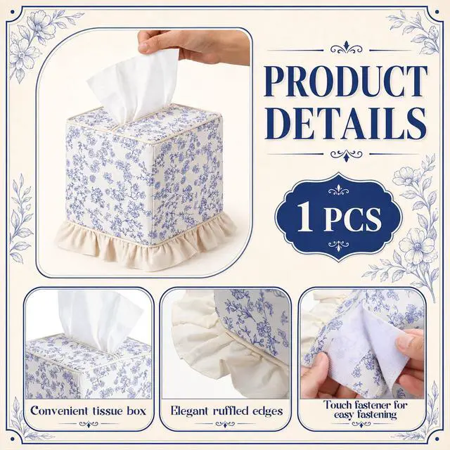 Alt view image 3 of 7 - Blue Cottagecore Ruffle Tissue Box Cover Floral Print Tissue Box Handmade Cotton Square Napkin Holder for Home Bedroom Living Room Bathroom Vanity Countertop Car Office Kitchen
