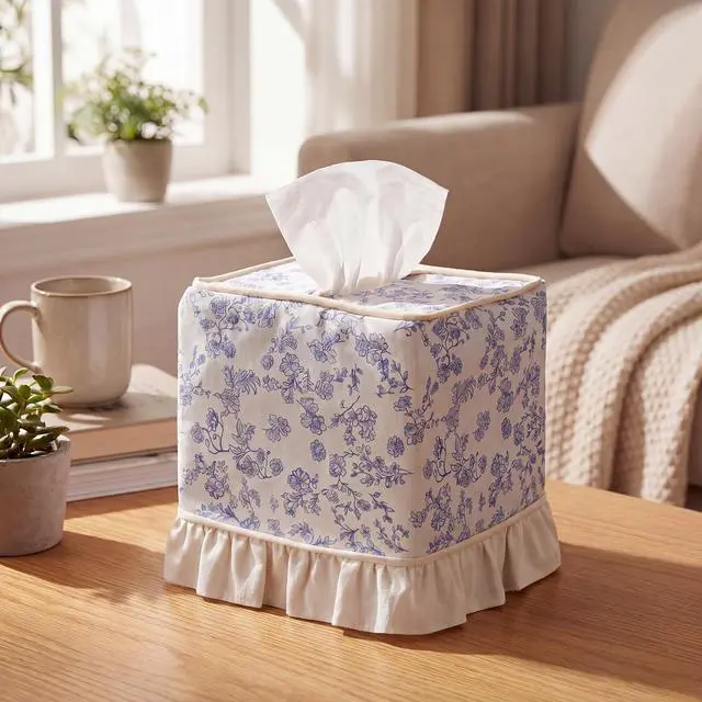 Alt view image 4 of 7 - Blue Cottagecore Ruffle Tissue Box Cover Floral Print Tissue Box Handmade Cotton Square Napkin Holder for Home Bedroom Living Room Bathroom Vanity Countertop Car Office Kitchen