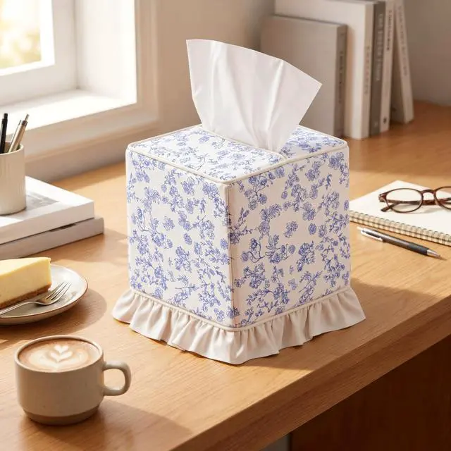 Alt view image 5 of 7 - Blue Cottagecore Ruffle Tissue Box Cover Floral Print Tissue Box Handmade Cotton Square Napkin Holder for Home Bedroom Living Room Bathroom Vanity Countertop Car Office Kitchen