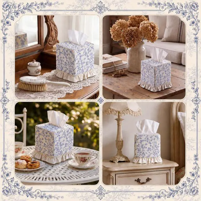 Alt view image 7 of 7 - Blue Cottagecore Ruffle Tissue Box Cover Floral Print Tissue Box Handmade Cotton Square Napkin Holder for Home Bedroom Living Room Bathroom Vanity Countertop Car Office Kitchen