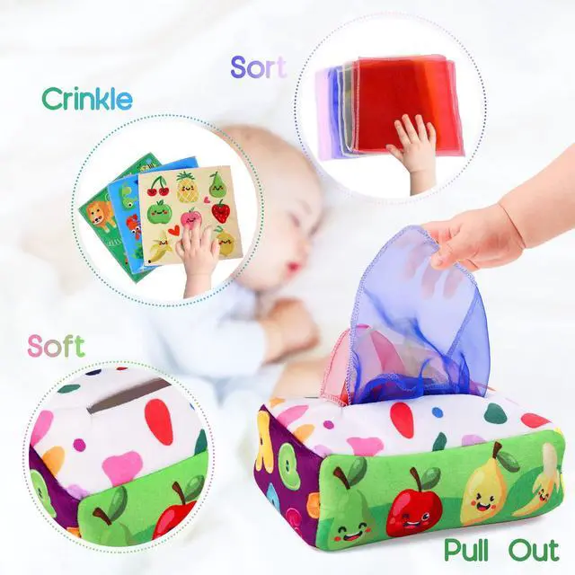 Alt view image 2 of 7 - Baby Toys 6 to 12 Months - Tissue Box Toy Montessori for Babies 6-12 Months, Soft Stuffed High Contrast Crinkle Infant Sensory Toys, Boys&Girls Kids Early Learning Gifts