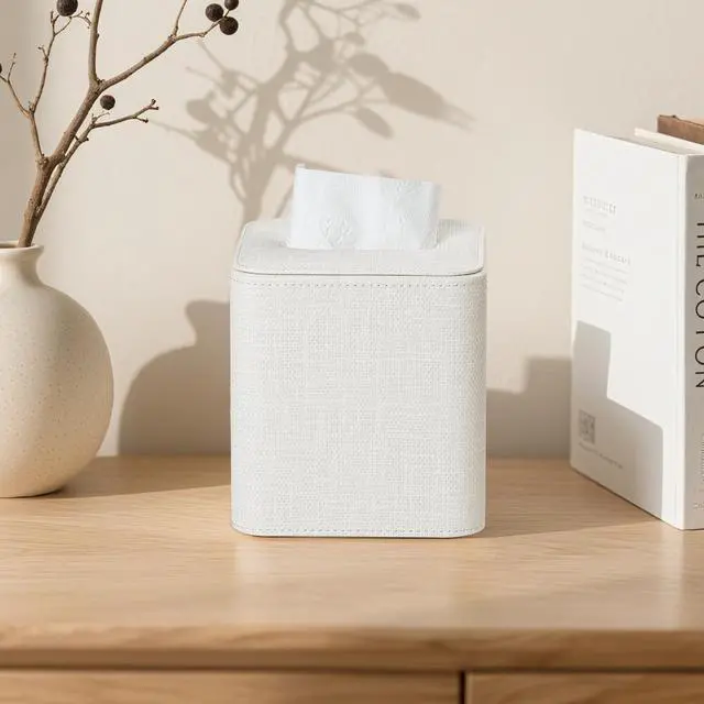 Alt view image 2 of 7 - Square Tissue Box Cover with Magnetic Closure, Modern PU Leather Tissue Box Holder for Bathroom Vanity Countertop Night Stands Bedroom Office Desk, Stylish Cube Tissue Holder (Cream)