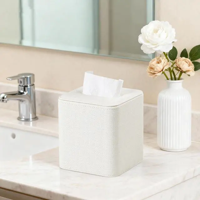 Alt view image 5 of 7 - Square Tissue Box Cover with Magnetic Closure, Modern PU Leather Tissue Box Holder for Bathroom Vanity Countertop Night Stands Bedroom Office Desk, Stylish Cube Tissue Holder (Cream)
